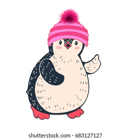 Winter illustration with funny cartoon penguin in a warm cap. Hand-drawn illustration. Vector.