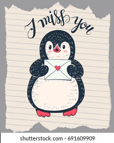 Winter illustration with funny cartoon penguin with a letter. Vector.