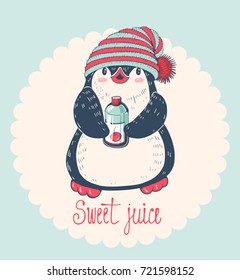 Winter illustration with funny cartoon penguin with a bottle of juice. Vector.