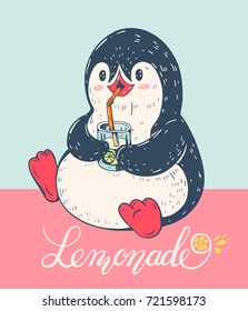 Winter illustration with funny cartoon penguin with  lemonade. Vector.