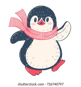 Winter illustration with funny cartoon penguin in a scarf. Vector.