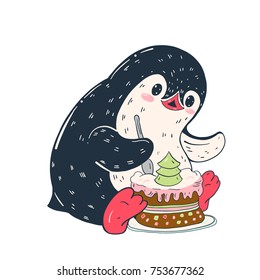 Winter illustration. Funny cartoon penguin with cake. Vector.