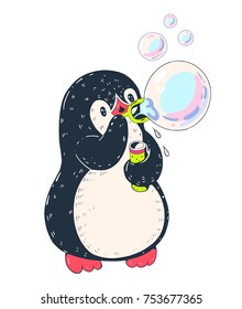 Winter illustration. Funny cartoon penguin with soap bubbles. Vector.