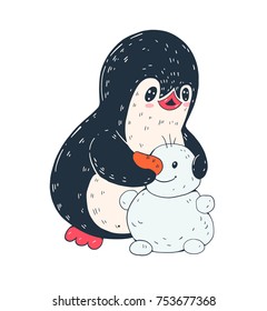 Winter illustration. Funny cartoon penguin with snowman. Vector.