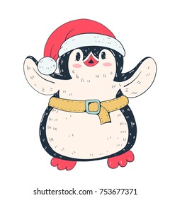 Winter illustration with funny cartoon penguin in  Christmas hat. Vector.