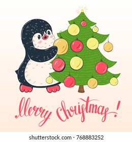 Winter illustration. Funny cartoon penguin with Christmas tree. Vector.
