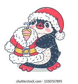 Winter illustration with funny cartoon Penguin-Santa. Vector.