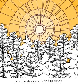 Winter illustration with geometric background and snowy forest.