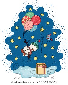 Winter illustration with gift and snowman flying with balloons