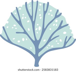 Winter illustration of a ginkgo biloba tree covered in snow, ideal for christmas or winter projects, with a light blue color and white spots