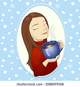 Winter illustration with a girl in a red sweater with a hot mug. Cozy mood. 