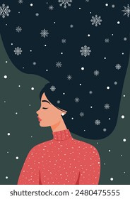 Winter illustration with a girl in a sweater with long hair in snowflakes. Vector design for postcard, poster, flyer