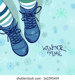 Winter illustration with girls feet in striped tights and boots on a snowflake patterned background