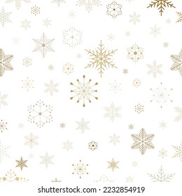 Winter illustration with golden snowflakes on a white background. Beautiful Christmas pattern, illustration, card, background, packaging, paper