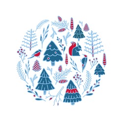 Winter Illustration. Hand Drawn Minimalist Christmas Doodles Collection Isolated On White Background. Vector Animals And Tree Linear Silhouettes. Blue Spruces, Branches, Squirrel, Woodpecker, Cones.