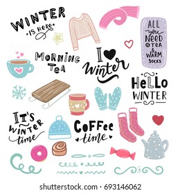 Winter illustration and hand lettering phrase morning tea, hello winter, coffee time, for stickers, print, textile, stationary, t-shirt, bag