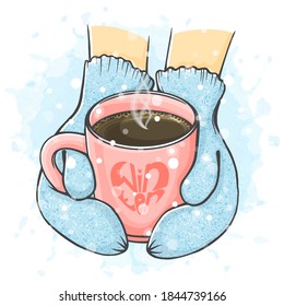 Winter illustration. Hands in mittens holds a cup of coffee. Vector illustration. Hand drawn.