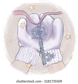 Winter illustration, Hands in white mittens hold a fairytale key. Cozy modern vector and png illustration. Cozy winter fairytale for kids and romantic days