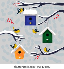 Winter illustration. Happy birds with colorful snow covered nesting boxes. Vector winter birdhouse. Christmas and Happy New Year postcard.