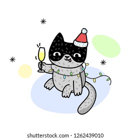 Winter illustration with happy cat drink in Santa Claus costume. Cute kitten. Vector illustration for a postcard, poster, print for clothes or accessories. New Year and Christmas.