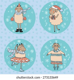 Winter illustration with happy sheeps.