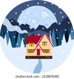 Winter illustration, house in the forest