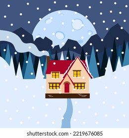 Ilustración de invierno, casa en el bosque