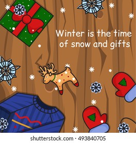 Winter illustration. Winter icons on wooden background.Hat, gloves and pullover. Vector winter card.