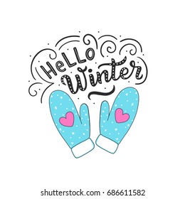 winter illustration mittens with hand drawn lettering hello winter.