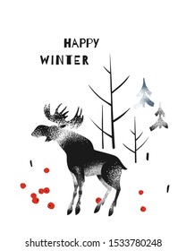Winter illustration with moose and trees. Poster with forest and animal, design element for greeting card, calendar, banner for website, graphic print for gift wrapping.