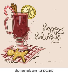 Winter illustration with Mulled Wine cocktail, spices and gingerbread man cookies