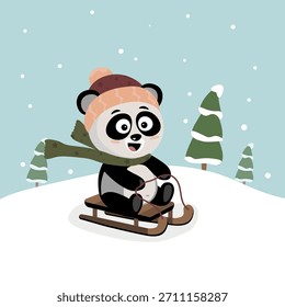 Una ilustración de invierno de un panda deslizándose en trineo por una colina nevada.