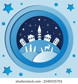 Winter illustration in paper cut style. Cristmas illustration in blue colour. Paper art illustration with houses, pine trees, deer, stars and snowflakes. Vector illustration. 