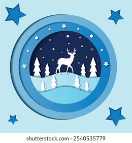 Winter illustration in paper cut style. Cristmas illustration in blue colour. Paper art illustration with pine trees, deer, stars, snow and snowflakes. Vector illustration. 