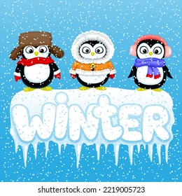 Winter illustration with penguins on an ice floe on a blue background.