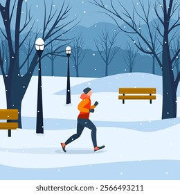 Winter illustration of a person jogging in a snowy park. Includes trees, benches, streetlights, and falling snow. A calm winter scene promoting outdoor activity and a healthy lifestyle.