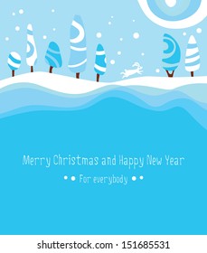 Winter illustration with running rabbit. Backdrop or greeting card