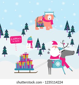 Winter illustration with Santa Claus riding a reindeer for postcard.