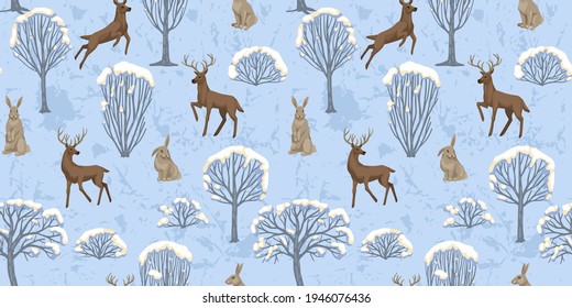 Winter illustration, seamless pattern with forest animals in a snowy forest, trees with snow, deer and hares. Texture and background for Christmas prints, textile and paper design