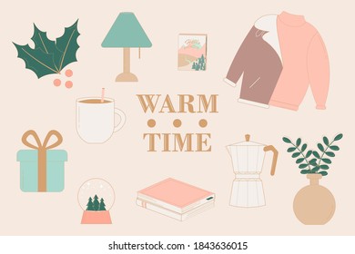 Winter illustration with set of cozy objects. Hygge lifestyle, cute winter elements for stickers. Greeting card design with old coffee maker, books and sweater