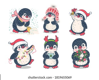 Winter illustration. Set of cute penguins.  Vector illustration