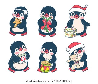 Winter illustration. Set of cute penguins  isolated on a white background.  Vector.