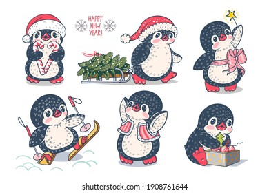 Winter illustration. Set of cute penguins  isolated on a white background.  Vector.