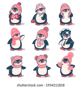 Winter illustration. Set of cute penguins  isolated on a white background.  Vector.