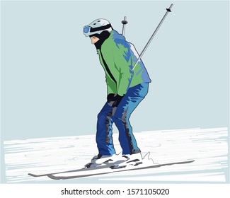 Winter illustration, skier coming down from a snowy mountain, sports recreation. Vector graphics