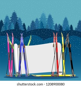 winter illustration with skis and blank banner