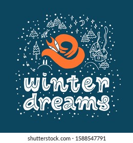 Winter illustration with sleeping orange fox, snow, trees and text Winter dreams on dark background for children's and New Year design postcard, banner, gift . Art vector for celebration and printshop