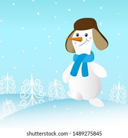 Winter illustration with snowman and Christmas tree on blue background. Merry Christmas and New year Vector. Template design for invitation, poster, card. Holiday card or congratulation.