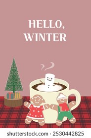 winter illustration, Snowman marshmallow hot chocolate, gingerbread