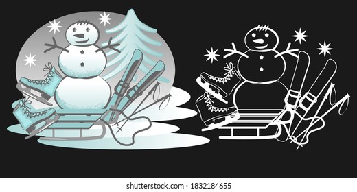 Winter illustration with a snowman, a sleigh, a pair of skates, a pair of skis in black and white and in color.